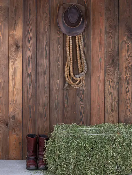 Chapéu Cowboy Botas Chão Madeira — Fotografia de Stock