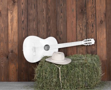 Gitar ve kovboy çizmeleri ahırda