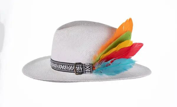 White Summer Hat Feathers Isolated White Background — Stock Photo, Image