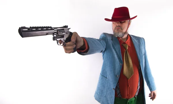 Nahaufnahme Eines Mannes Mit Revolver Auf Weißem Hintergrund — Stockfoto