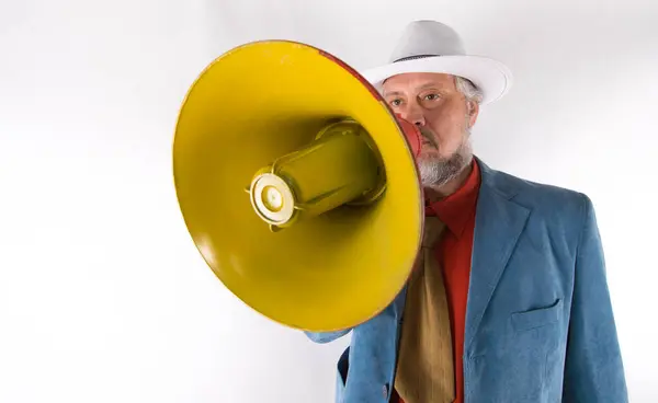 close-up portrait of a man with a megaphone on a white background