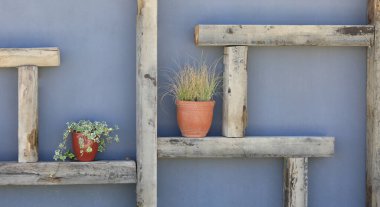 Çiçek saksılı dekoratif ahşap raflar