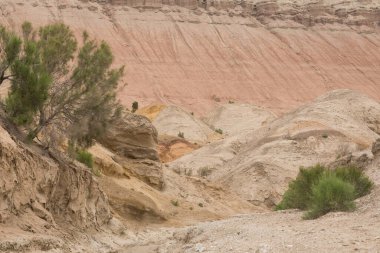 Tepeli taştan bir çöl manzarası, Cengiz Han 'ın dağları, Kazakistan' daki Altyn-Emel Milli Parkı.