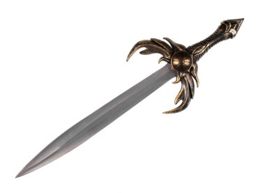  Ortaçağ sahte kılıcı beyaz arka planda izole edilmiş.