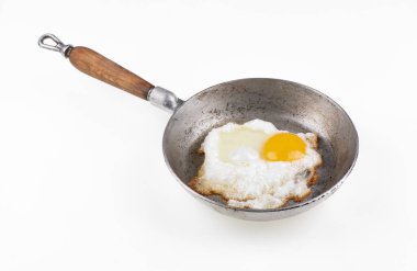Eski alüminyum kızartma tavası ve beyaz arka planda izole edilmiş yumurta.