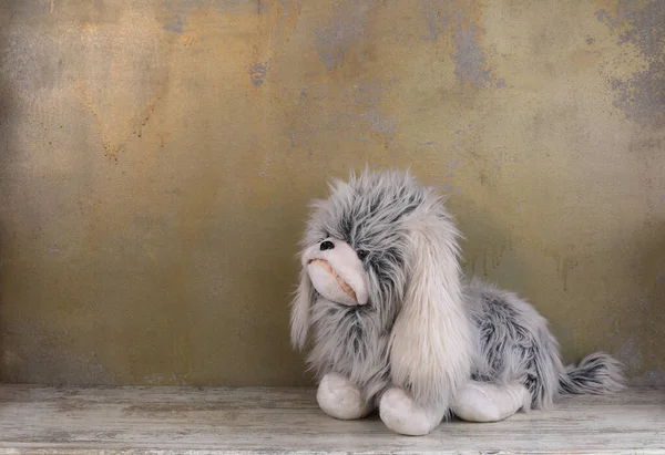 fluffy plush toy dog on wooden floor