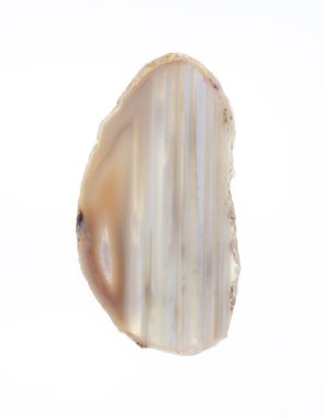 Beyaz arkaplanda izole edilmiş cilalanmış agat dilimi örneği