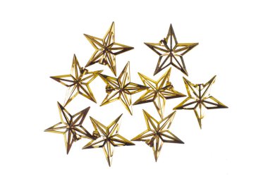 Beyaz arka planda izole edilmiş dekoratif altın tatil yıldızları