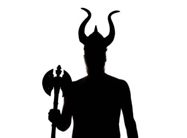 Beyaz arka planda erkek bir Viking savaşçısının silueti.