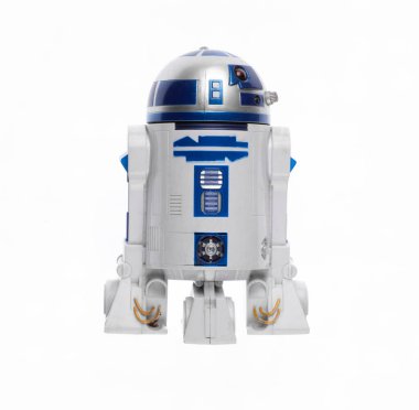 Kazakistan, Almaty, 07 / 21 / 2024: Beyaz zemin üzerinde izole edilmiş yıldız savaşları uzay robotu