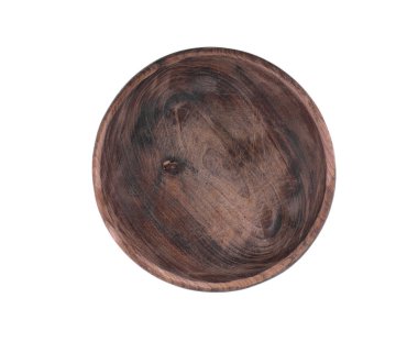 Beyaz arka planda izole edilmiş boş antik ahşap tabak