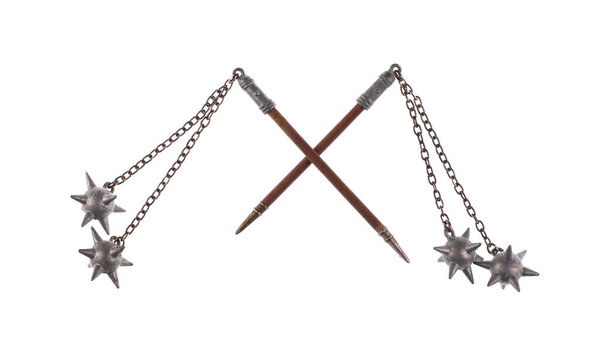  medieval weapon with spikes on chain isolated on white background