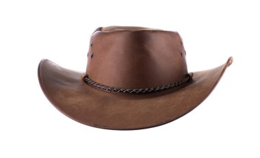 Beyaz arka planda izole edilmiş eski deri kahverengi şerif şapkası