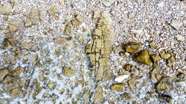 Rovinj yakınlarındaki Cisterna Sahili 'nde mavi denizli Rocky plajı.