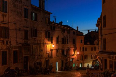 Akşam gökyüzünde dar bir hilal duruyor Rovinj kasabasındaki bir çalılığın üzerinde.