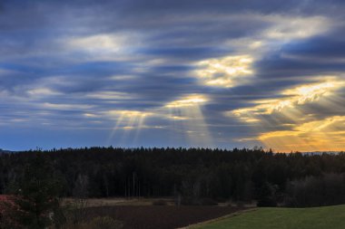 Güneş ışınları, kışın bulutlu bir günde Baden-Wrtemberg 'de Ravensburg yakınlarındaki ormanlık bir arazide yoğun bir bulut örtüsünü delip geçer..