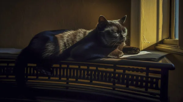 Χαριτωμένο Τάμπι Σπίτι Γάτα Βρίσκεται Στο Ζεστό Φως Του Ήλιου — Φωτογραφία Αρχείου