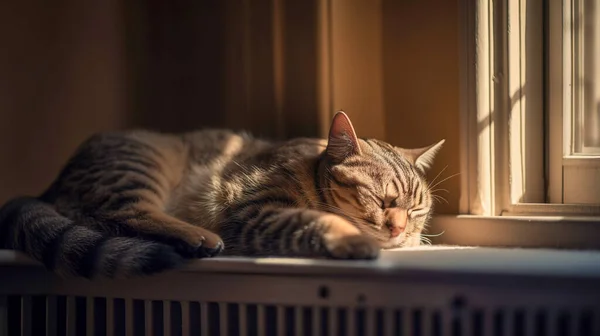 Niedliche Gestromte Hauskatze Liegt Warmen Sonnenlicht Fenster Und Schläft — Stockfoto