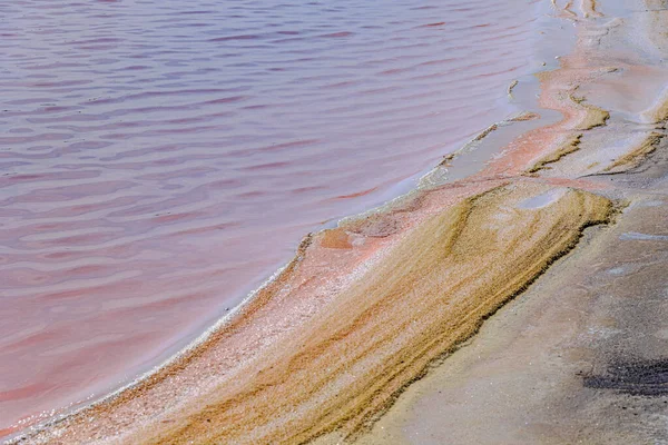 Salt-encrusted stones and pink water in the salt flats near Aigues-Mortes in the Camargue region