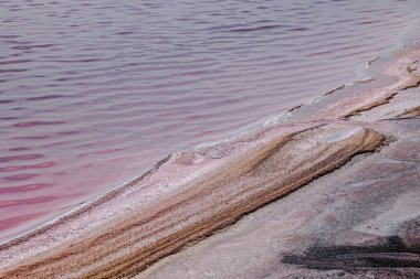 Salt-encrusted stones and pink water in the salt flats near Aigues-Mortes in the Camargue region
