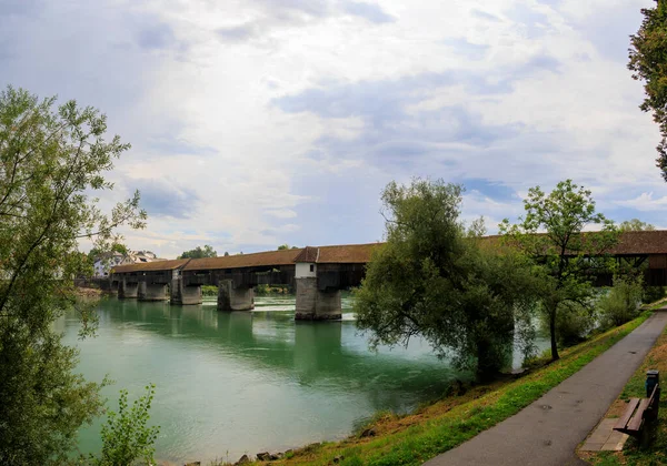 Storico Vecchio Ponte Legno Tra Germania Svizzera Sul Reno Bad — Foto Stock