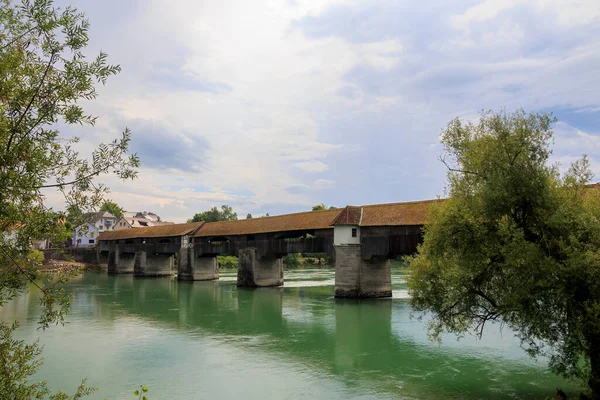 Vieux Pont Historique Bois Entre Allemagne Suisse Sur Rhin Bad — Photo