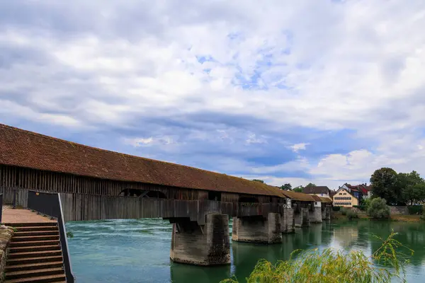 Jembatan Kayu Tua Bersejarah Antara Jerman Dan Swiss Seberang Rhine — Stok Foto