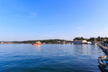 Martılarla vızıldayan balıkçı teknesi, Hırvatistan limanı Rovinj 'e döndükten sonra, 29.10.2022