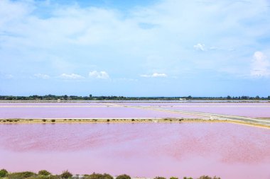 Fransa 'nın Camarque bölgesindeki Aigues-Mortes kasabası yakınlarındaki pembe tuz üretimi tavalarına bakın.