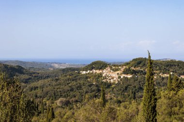 Korfu adasının kuzeyindeki ağaçlık dağlar ve zeytinlikler.