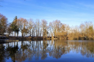 Soğuk bir kış gününde Mering yakınlarında mavi gökyüzü olan kuğular ve su kuşlarıyla Kuğu Gölü 'ne bakın.