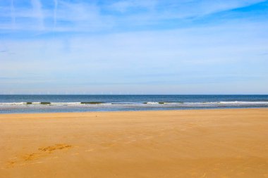 Hollanda 'nın Bergen şehrindeki kumsal güneşli bir günde mavi gökyüzü