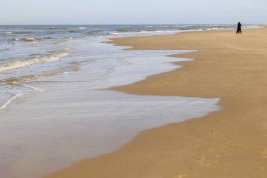 Hollanda 'nın Bergen şehrindeki kumsal güneşli bir günde mavi gökyüzü