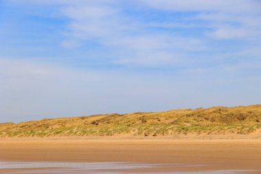 Hollanda 'nın Bergen şehrindeki kumsal güneşli bir günde mavi gökyüzü