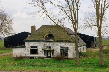 Alkmaar 'daki Kuzey Hollanda Kanalı' nın kıyısındaki terk edilmiş çiftlik binası.