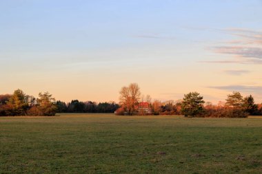 Yükselen sabah güneşinin ışınları ağaçların arasından eski Pressmarsche Gut 'a vuruyor. Augsburg' un en küçük semtindeki Siebenbrunn 'da muhteşem bir malikane.