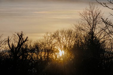 Augsburg yakınlarındaki Siebenbrunn üzerinde renkli gün doğumu