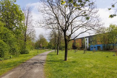 Bulutlu bir günde Augsburg yakınlarındaki Konigsbrunn 'da meyve ağaçları ve bahçe işleri olan bir parkta bir patika.