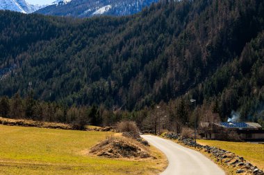 Alp Vadisi boyunca uzanan kıvrımlı yol, orman yamaçları ve karlı tepeleri var.