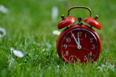 Yeşil çimenlikteki kırmızı alarm saati