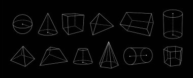 Üç boyutlu geometrik dış hat şekilleri. Vektör temel katı nesneler