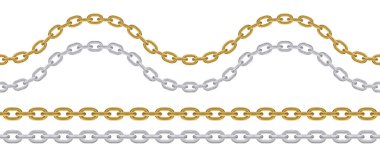 Metalik gümüş ve altın zincir. Gerçekçi vektör kusursuz dalgalı ve düz zincirler