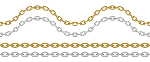 Metallic Silver Gold Chain Realistic Vector Seamless Wavy Straight Chains — Stock Vector
