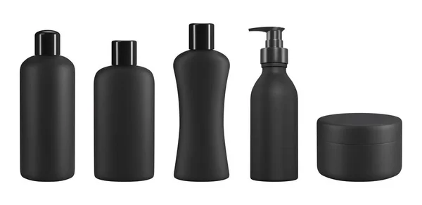 黑色塑料化妆品罐和瓶子 用于护肤 洗发水和淋浴露设计的现实病媒模型 — 图库矢量图片#