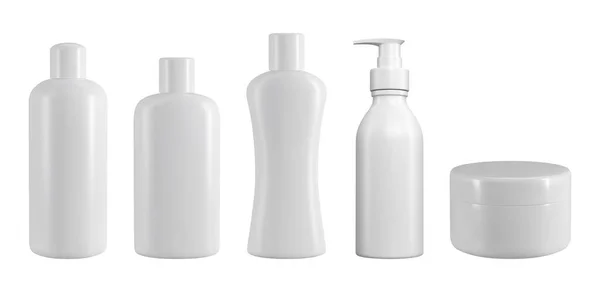 白色塑料化妆品罐和玻璃瓶 用于护肤 洗发水和淋浴露设计的现实病媒模型 — 图库矢量图片#