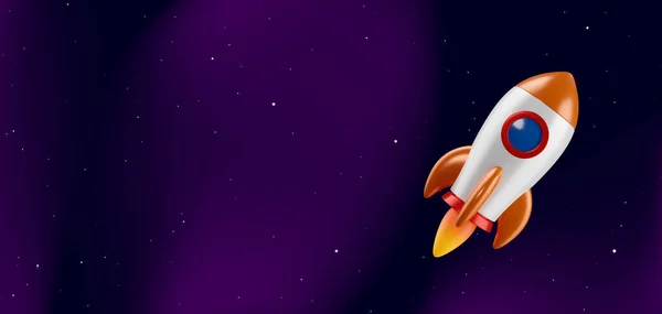 Cartoon Vector Raket Donkere Ruimte Achtergrond Vliegend Ruimteschip Met Vlam — Stockvector