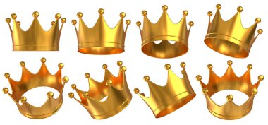 Tall golden crowns for queen or king. Crowns in different positions. 3D rendered image set