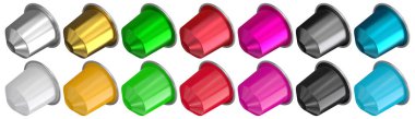 Capsules for coffee machine isolated on white background. Set of plastic and metallic coffee pods. 3D rendered image