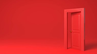 Kapının yarısı açık, odanın ortasında, kırmızı arka planda. 3B oluşturulmuş resim