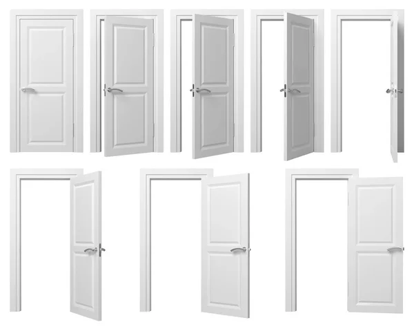 Белые Двери Серебряной Ручкой Открытая Закрытая Дверь Рендеринг Изображения — стоковое фото